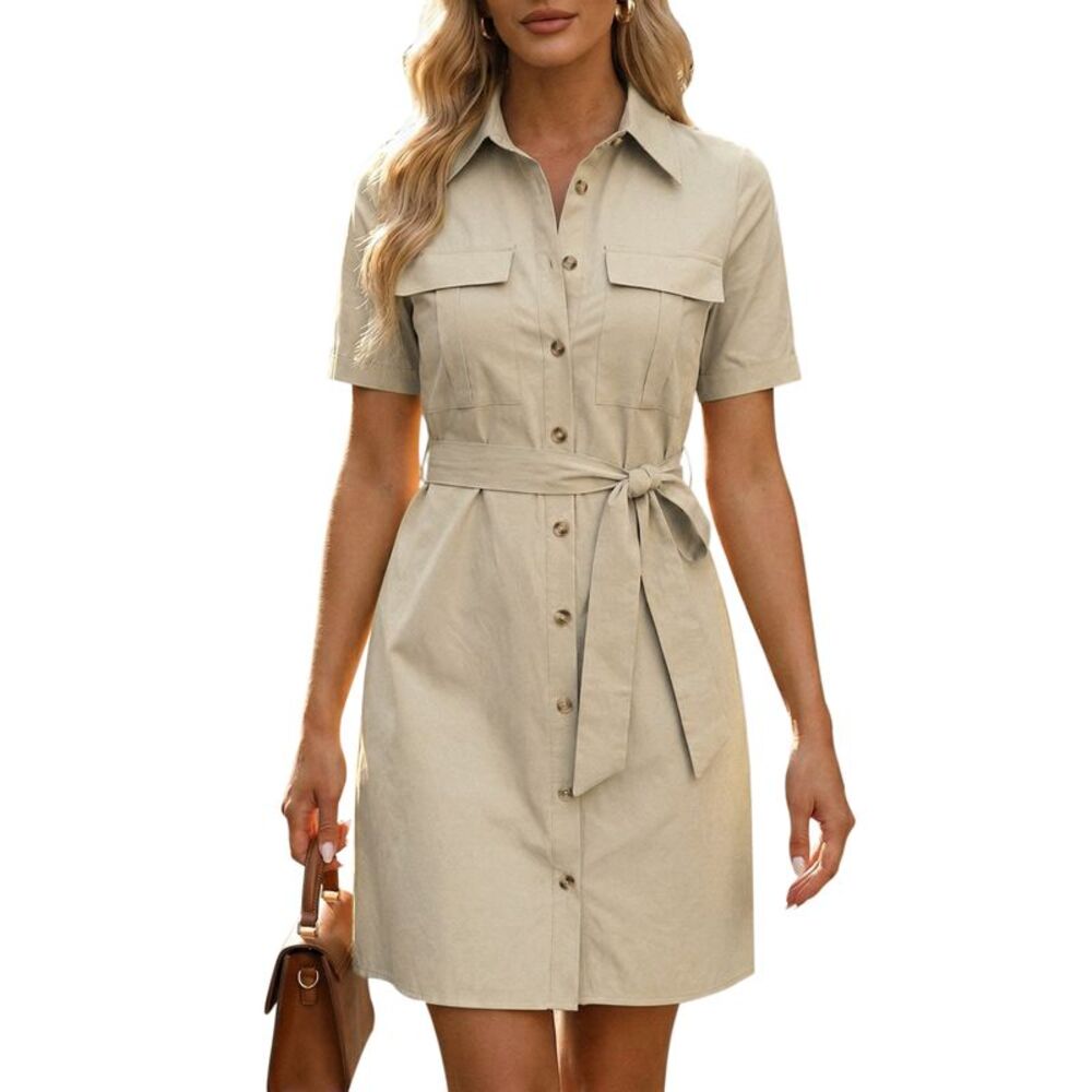 Safari Dress Collared Button Down Cotton Belted Shirtdress Beige